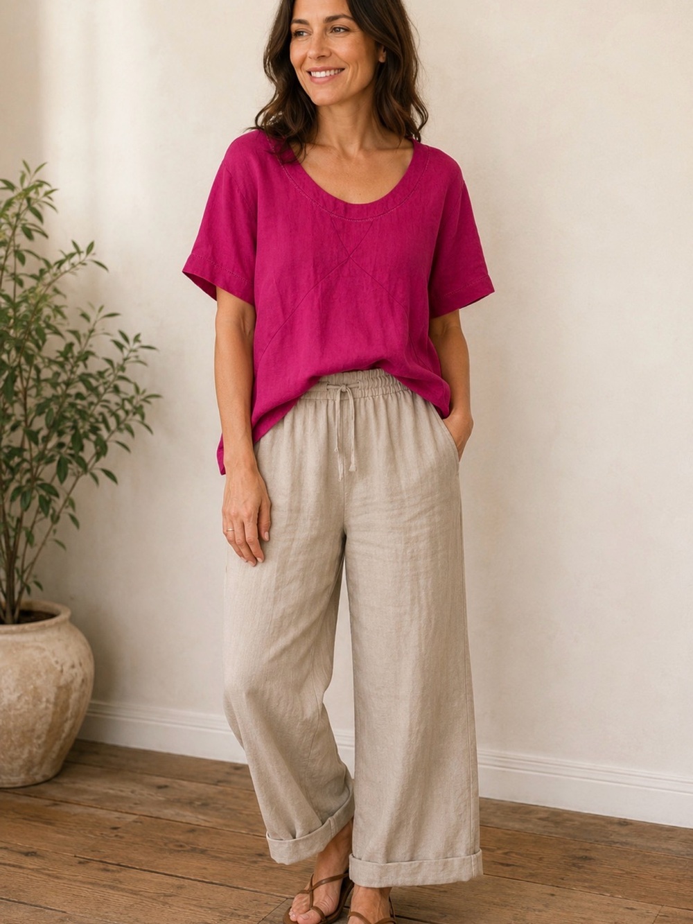Poetry Women’s Fuschia Linen Boho Oversized Tunic Top Size M Minimalist